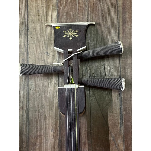 278 - Chinese Sanxian string instrument. Mahogany and snake skin.