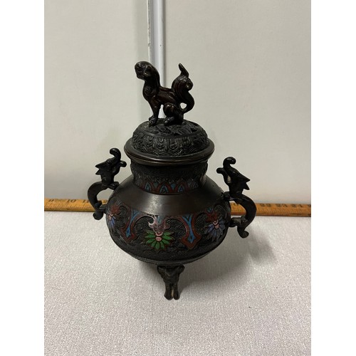 40 - Antique bronze cloisonné incense burner with dragon handles & topped with dog of foo. 
23cm h