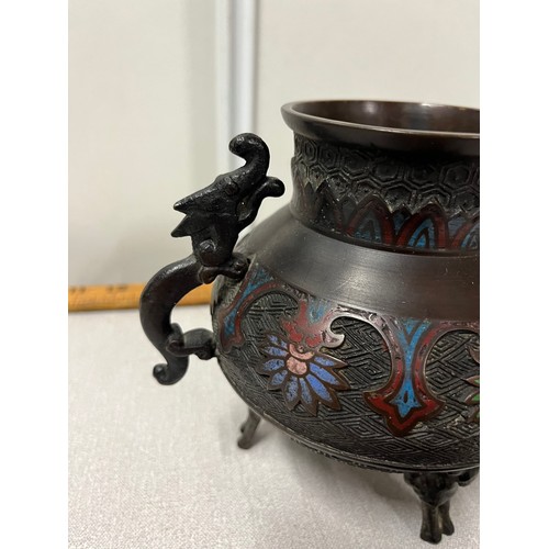 40 - Antique bronze cloisonné incense burner with dragon handles & topped with dog of foo. 
23cm h