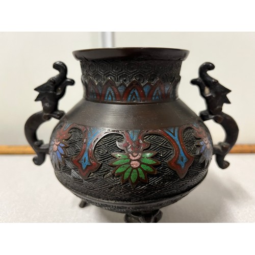 40 - Antique bronze cloisonné incense burner with dragon handles & topped with dog of foo. 
23cm h