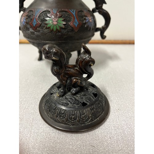 40 - Antique bronze cloisonné incense burner with dragon handles & topped with dog of foo. 
23cm h