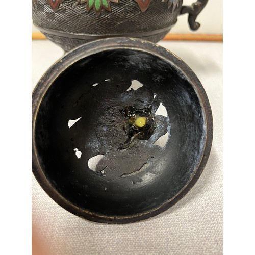 40 - Antique bronze cloisonné incense burner with dragon handles & topped with dog of foo. 
23cm h