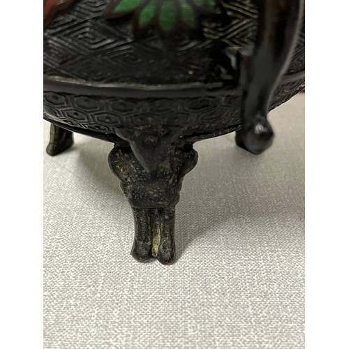 40 - Antique bronze cloisonné incense burner with dragon handles & topped with dog of foo. 
23cm h