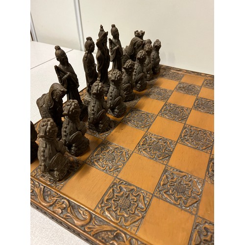 1 - large carved chess set with solid wooden board