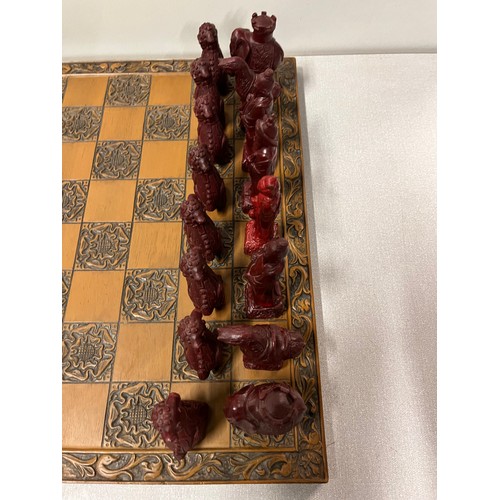 1 - large carved chess set with solid wooden board