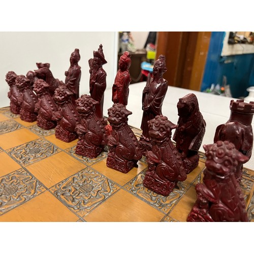 1 - large carved chess set with solid wooden board