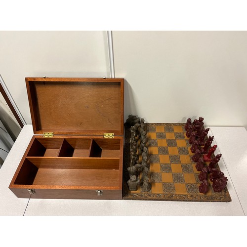 1 - large carved chess set with solid wooden board