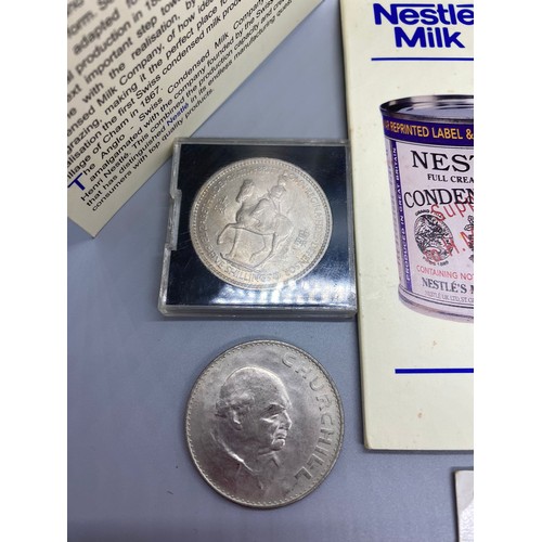 61 - collection of coins to include nestle milk ww2 pack , queen mother 90th birthday coin etc