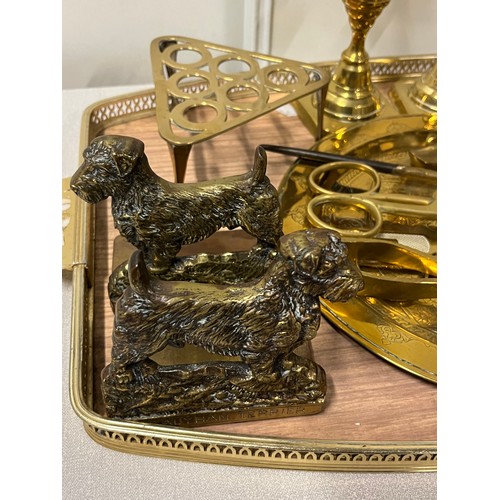 27 - Large tray of brass to include Victorian Sealyham Terrier bookends & Indian Brass tray etc.