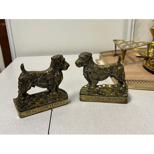 27 - Large tray of brass to include Victorian Sealyham Terrier bookends & Indian Brass tray etc.