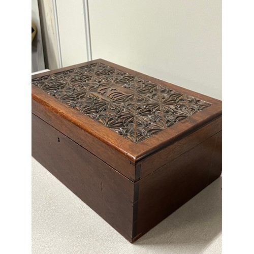 144 - large carved wooden jewel box with various compartments