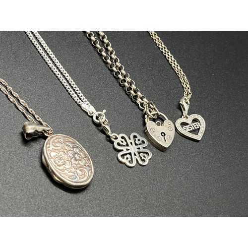 78 - 4 silver stamped chain & pendants with locket etc