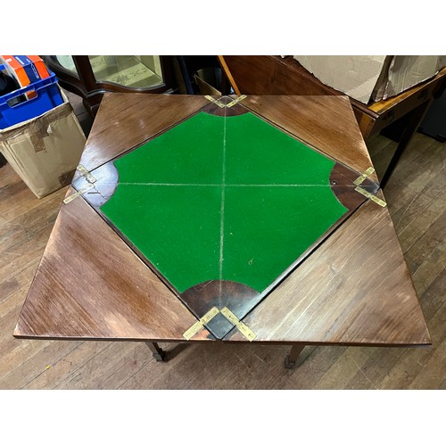 53 - 19th century fold out games table, Single Frieze drawer, square tapered legs and finished on ceramic... 