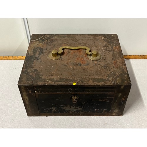 154 - Vintage brass handled money/station box with hobson & co lever lock & key.