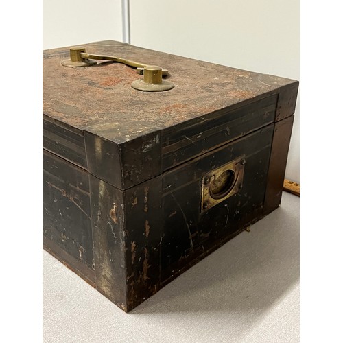 154 - Vintage brass handled money/station box with hobson & co lever lock & key.