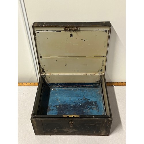 154 - Vintage brass handled money/station box with hobson & co lever lock & key.