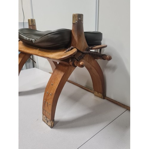 23 - Vintage Egyptian camel stool with leather cushion & brass detail.