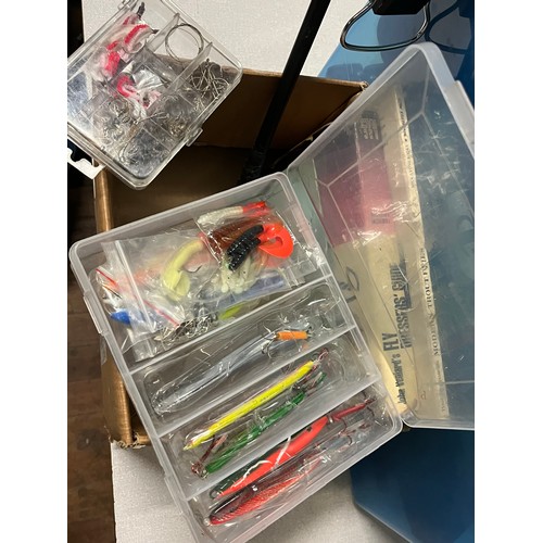 255 - Large box to include game bag, fishing lures, telescopic rods & fly tying books.