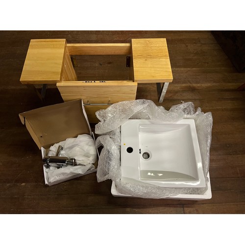 471 - wooden vanity unit, sink & mixer tap etc