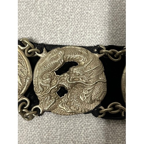 105 - Antique chinese export silver belt , stamped 900 with 16 linked discs & 2 buckle ends