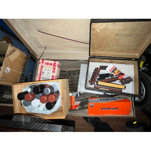 233 - Railway enthusiast's workshop clear-out comprising of 2 vintage cabin trunks & 1 carpenters tool box... 