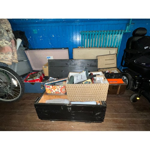 233 - Railway enthusiast's workshop clear-out comprising of 2 vintage cabin trunks & 1 carpenters tool box... 