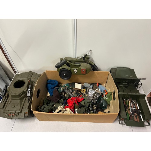 27 - 3 vintage army vehicles along with action men accessories