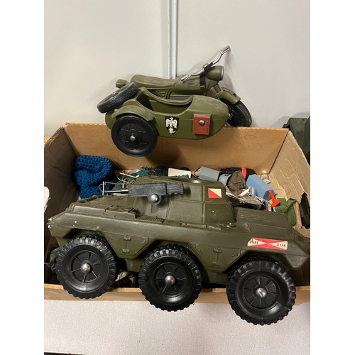 27 - 3 vintage army vehicles along with action men accessories