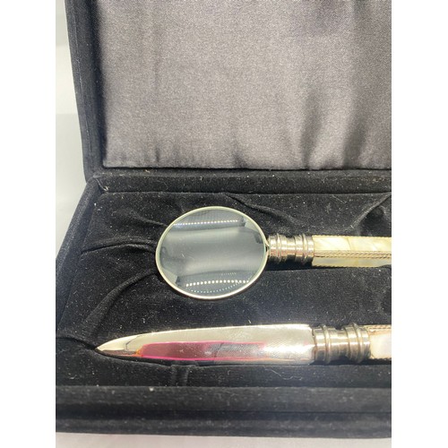 219 - Vintage mother of pearl desk set magnifier & letter opener in original box.