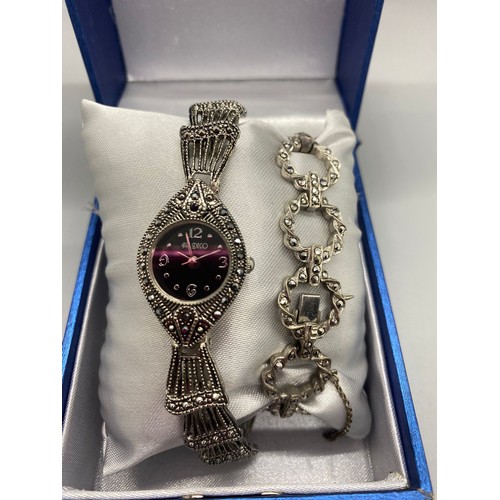 220 - Vintage marcasite bracelet with modern art deco collection marcasite watch boxed with new battery.