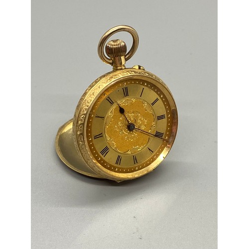 238 - antique 18ct yellow gold fob pocket watch (working, inner plate loose) 33.73g