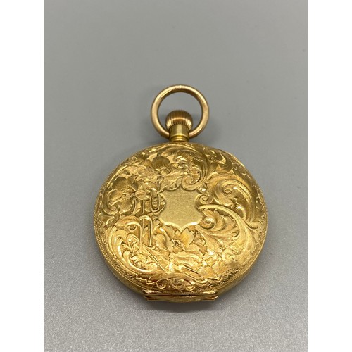 238 - antique 18ct yellow gold fob pocket watch (working, inner plate loose) 33.73g