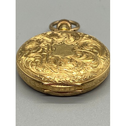 238 - antique 18ct yellow gold fob pocket watch (working, inner plate loose) 33.73g