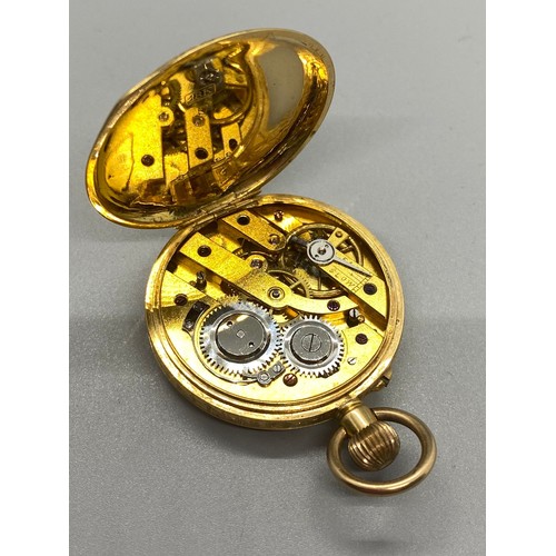 238 - antique 18ct yellow gold fob pocket watch (working, inner plate loose) 33.73g