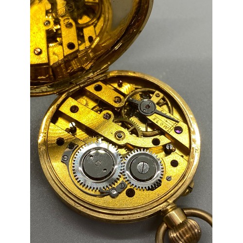 238 - antique 18ct yellow gold fob pocket watch (working, inner plate loose) 33.73g