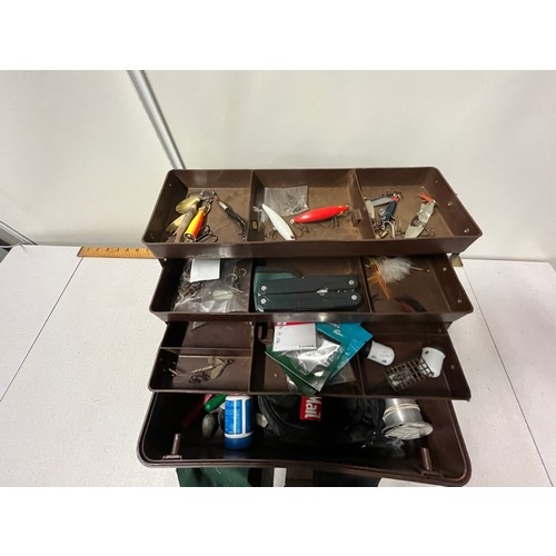 380 - fishing tackle box including multitool and some tackle and 3 rods to include shakespear odyssey fly ... 