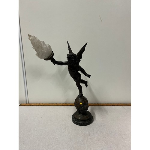 66 - Art deco 'L'Amour Vagabond' Par Bruchon spelter table lamp with marble base, Damage to ankle see pic... 