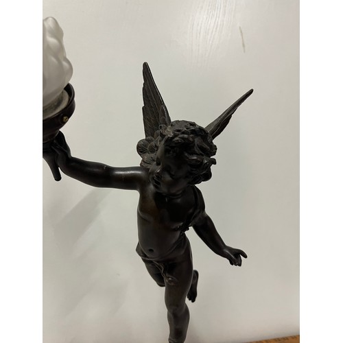 66 - Art deco 'L'Amour Vagabond' Par Bruchon spelter table lamp with marble base, Damage to ankle see pic... 