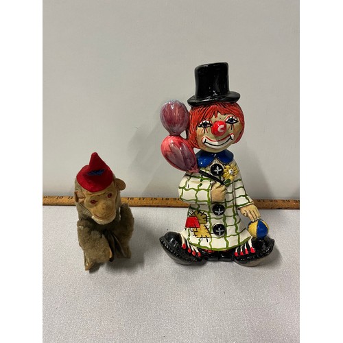 68 - Vintage Collectible Wind Up Monkey Playing Cymbals along with Lucavalli ceramic clown figurine.