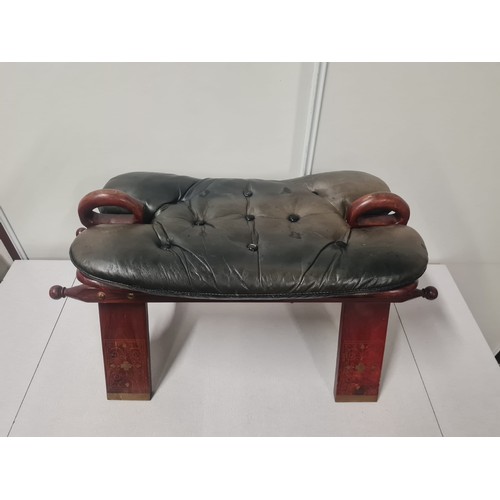 97 - Vintage Moroccan camel saddle stool with brass inlay & leather cushion.