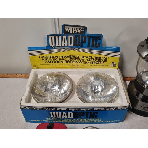 116 - Wipac quad optic halogen headlamp kit along with latern & Rinder universal nightlight.