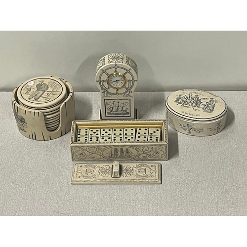 132 - Selection of scrimshaw style items to include dominoes set etc.