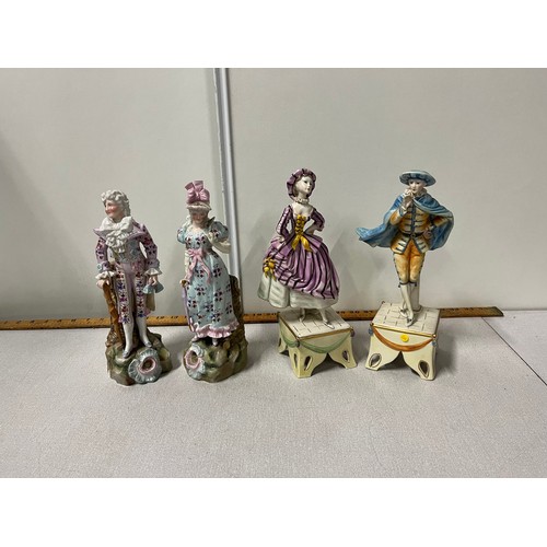 138 - 2 Pairs of German vintage porcelain figurines on stands, 1 pair has gold signature to the base other... 