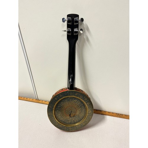 143 - Vintage Banjo with decorative peacock back plate.