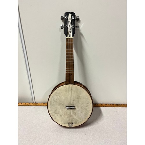 143 - Vintage Banjo with decorative peacock back plate.