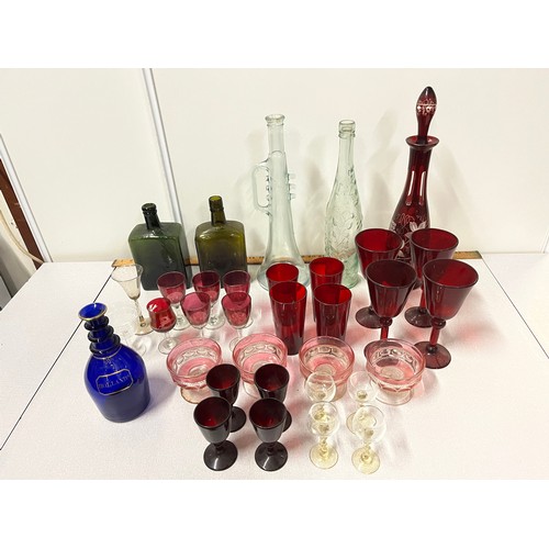 184 - Selection of antique and vintage art glass; Facet cut ruby glass decanter with stopper etc