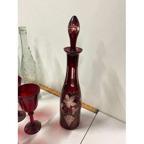 184 - Selection of antique and vintage art glass; Facet cut ruby glass decanter with stopper etc