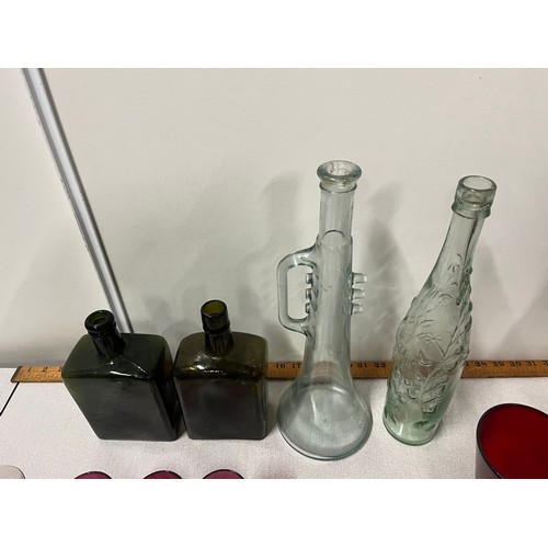 184 - Selection of antique and vintage art glass; Facet cut ruby glass decanter with stopper etc