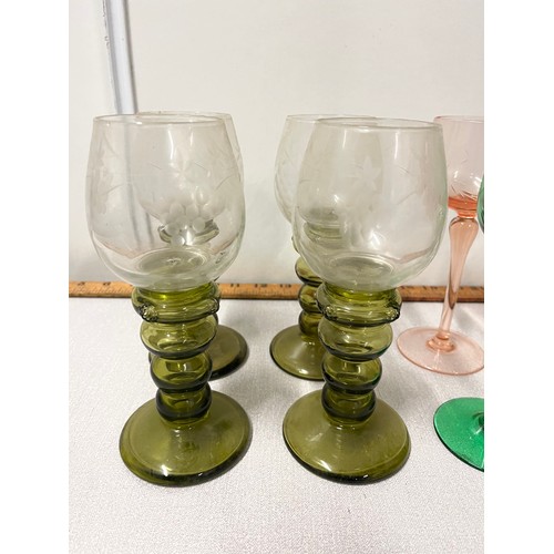 187 - Vintage Four green ribbed & 6 etched vine design wine glasses.