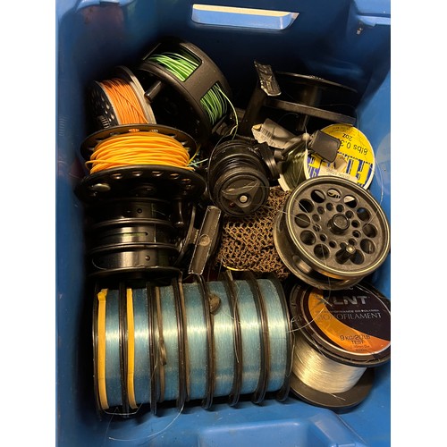 254 - Large box of assorted fly reels & fishing line